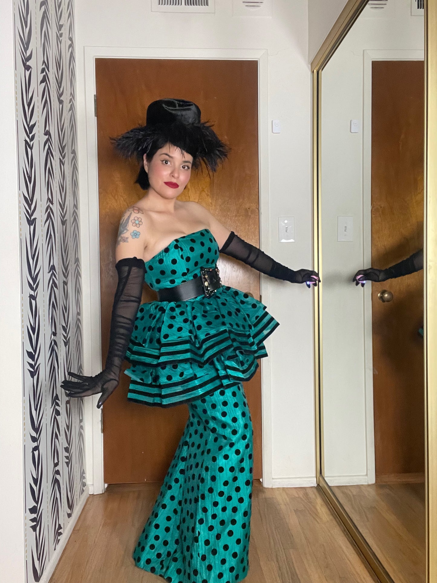 Victor Costa Polka Dot Peplum Aqua Blue Green Gown XS-SM