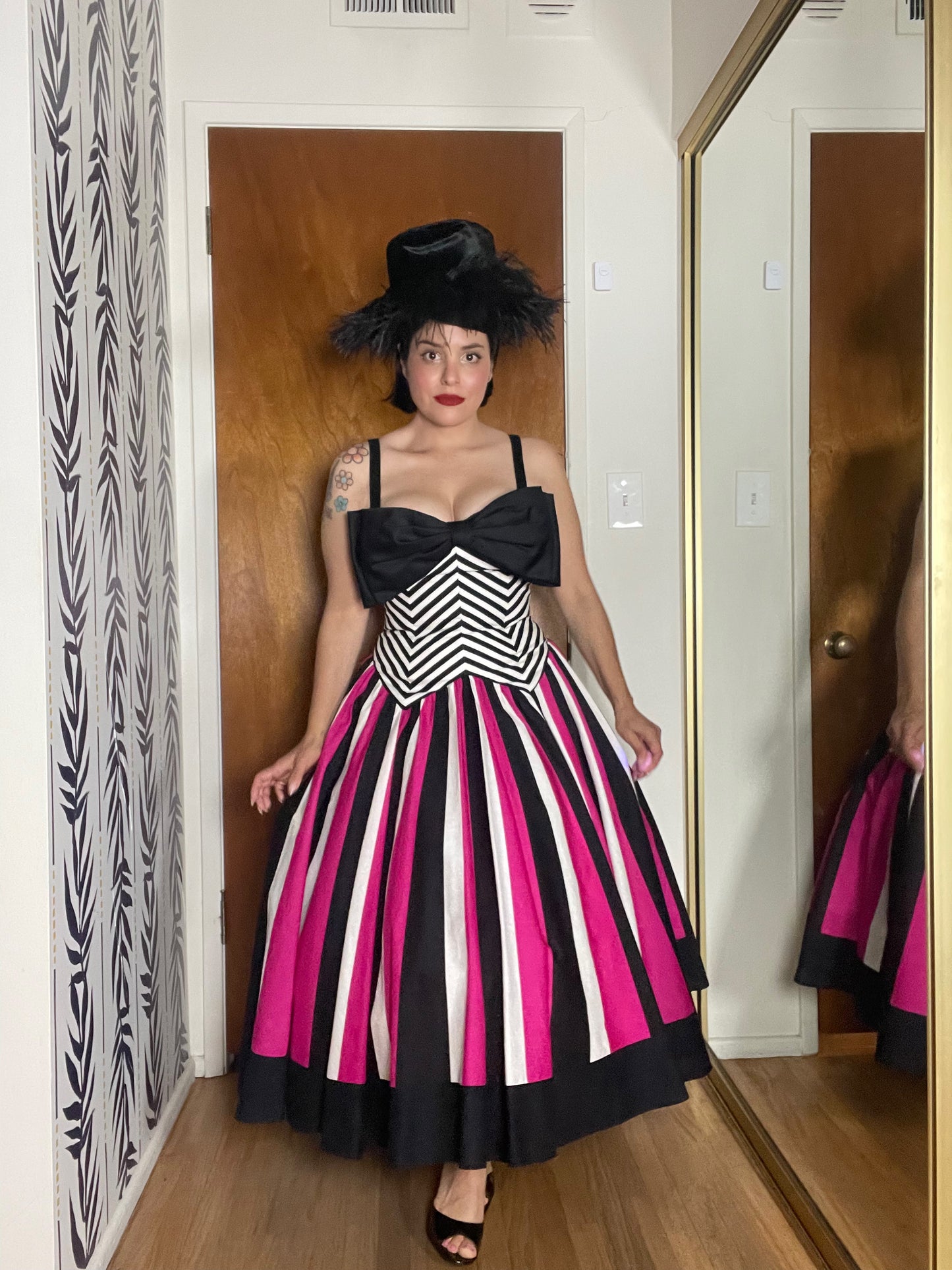 80s Victor Costa Pink, White, Black Striped Chevron Barbie Vibes Dress XS-SM