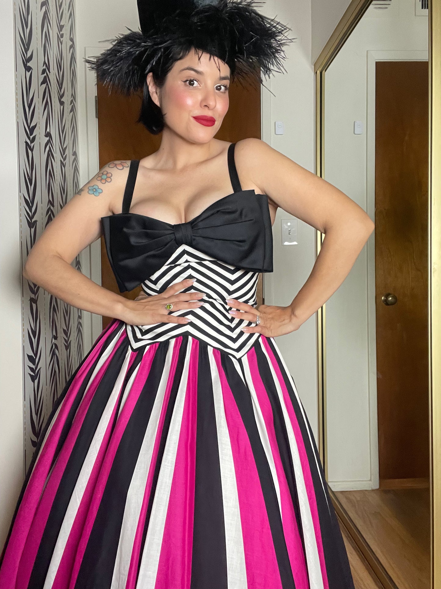 80s Victor Costa Pink, White, Black Striped Chevron Barbie Vibes Dress XS-SM