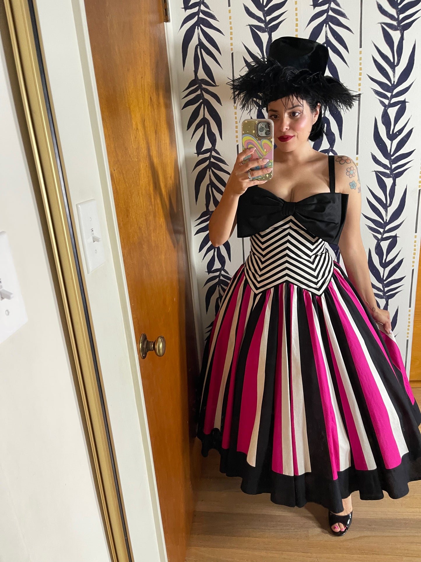 80s Victor Costa Pink, White, Black Striped Chevron Barbie Vibes Dress XS-SM