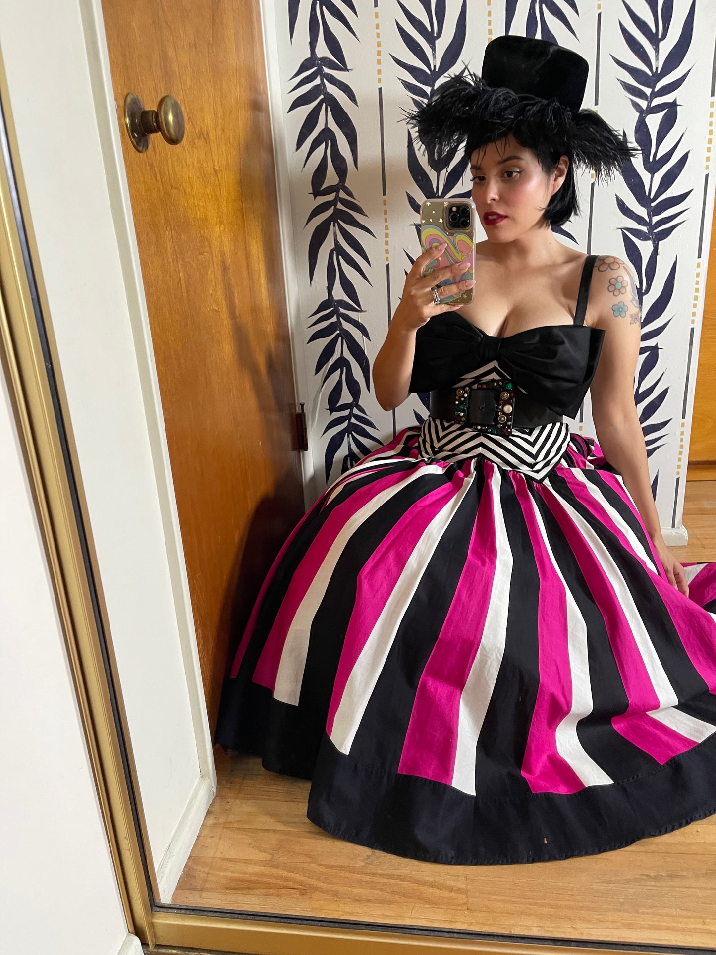 80s Victor Costa Pink, White, Black Striped Chevron Barbie Vibes Dress XS-SM