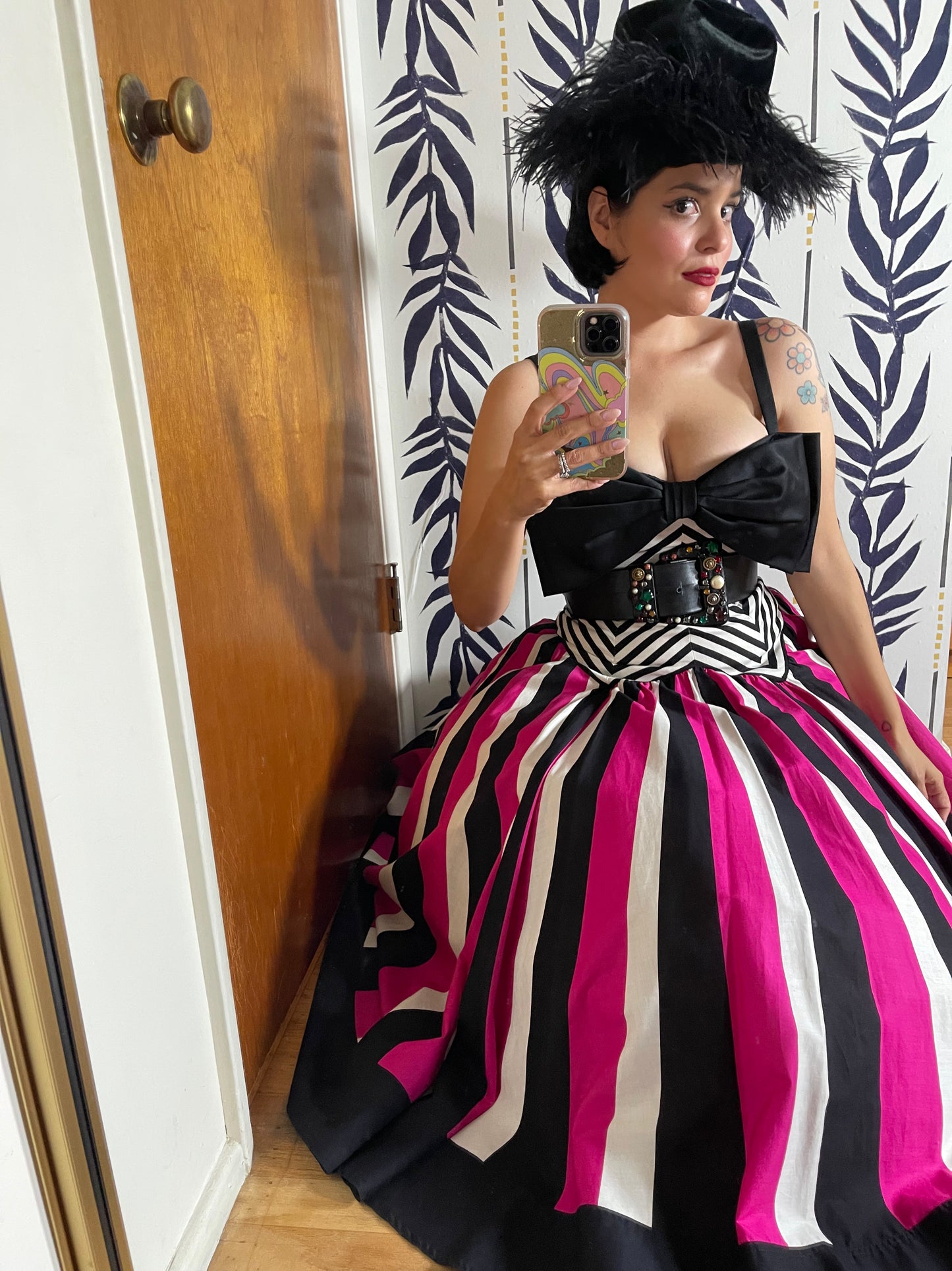 80s Victor Costa Pink, White, Black Striped Chevron Barbie Vibes Dress XS-SM