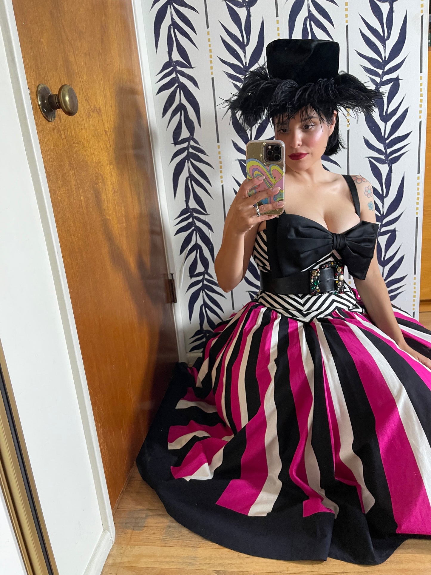 80s Victor Costa Pink, White, Black Striped Chevron Barbie Vibes Dress XS-SM