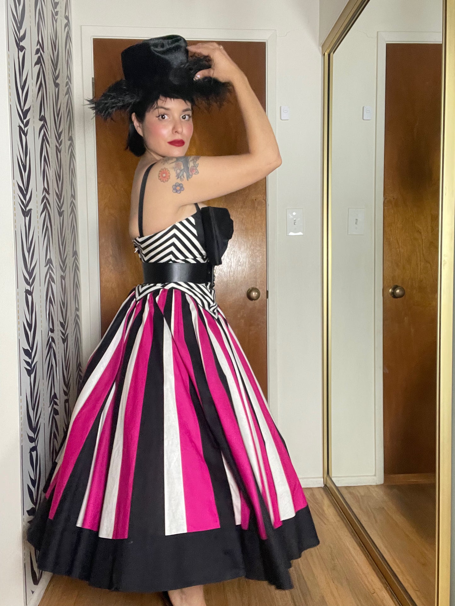 80s Victor Costa Pink, White, Black Striped Chevron Barbie Vibes Dress XS-SM