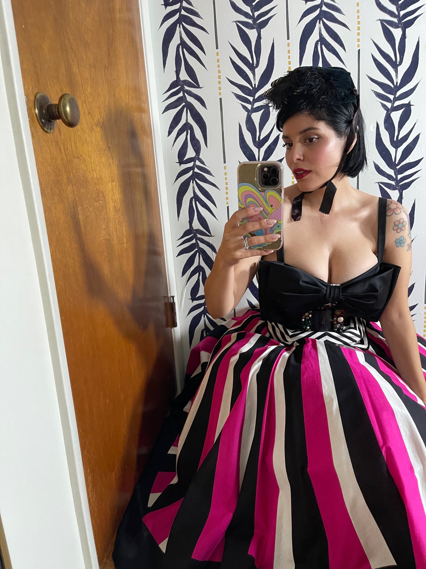 80s Victor Costa Pink, White, Black Striped Chevron Barbie Vibes Dress XS-SM