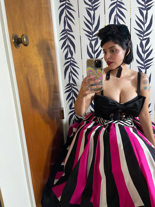 Victorian Era Velvet Striped B&W with Feathers Hat with Ties