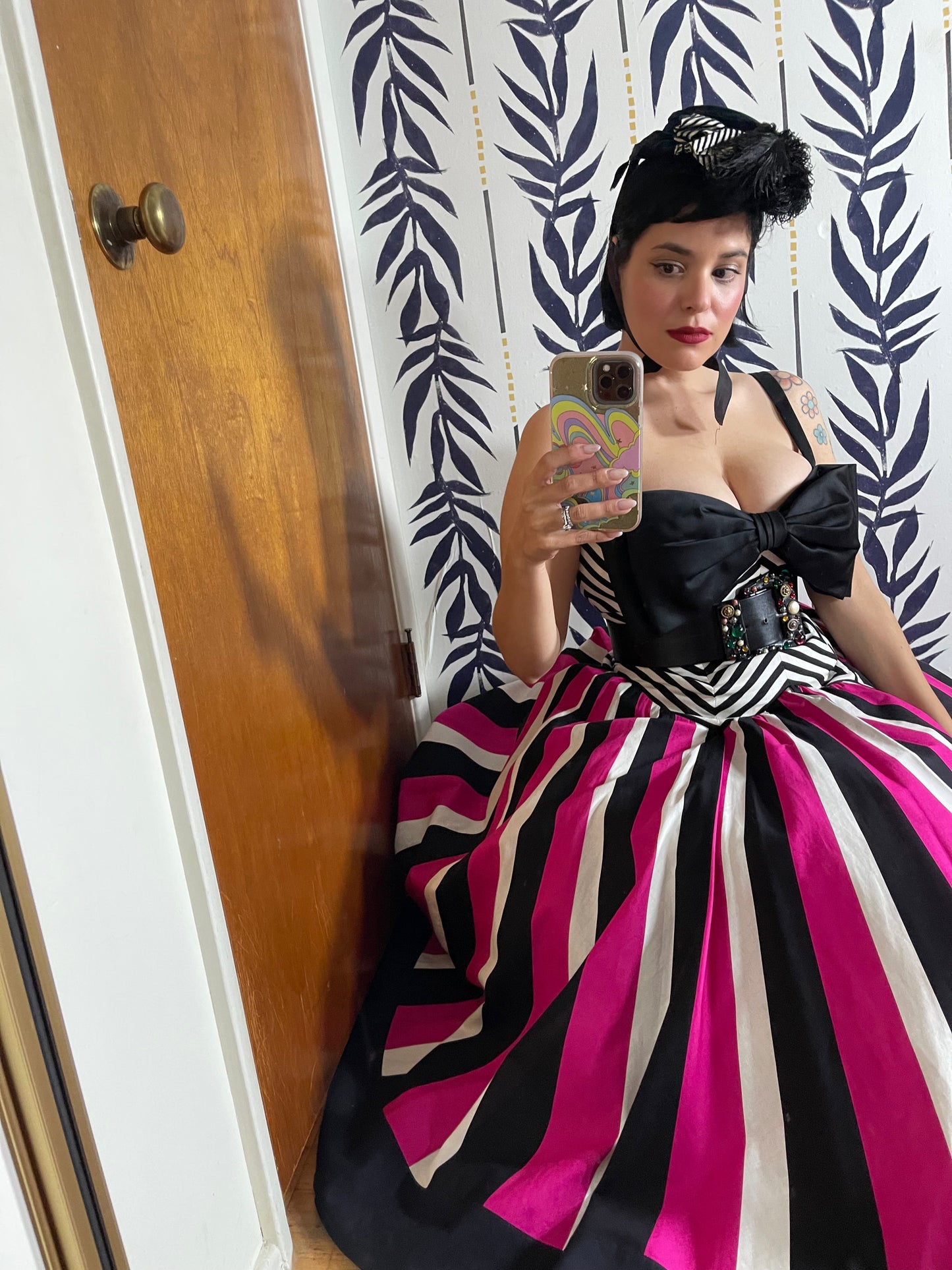 80s Victor Costa Pink, White, Black Striped Chevron Barbie Vibes Dress XS-SM