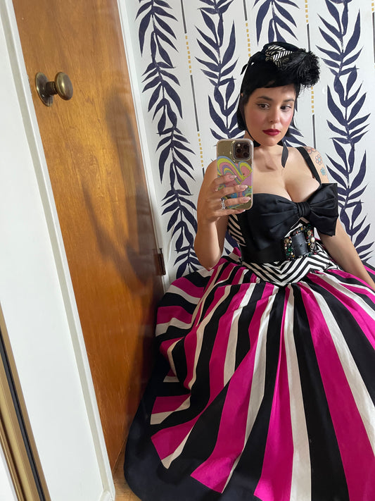 Victorian Era Velvet Striped B&W with Feathers Hat with Ties
