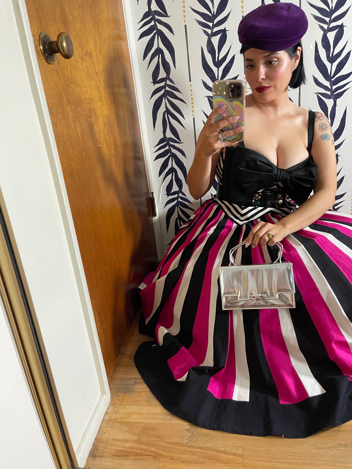 80s Victor Costa Pink, White, Black Striped Chevron Barbie Vibes Dress XS-SM