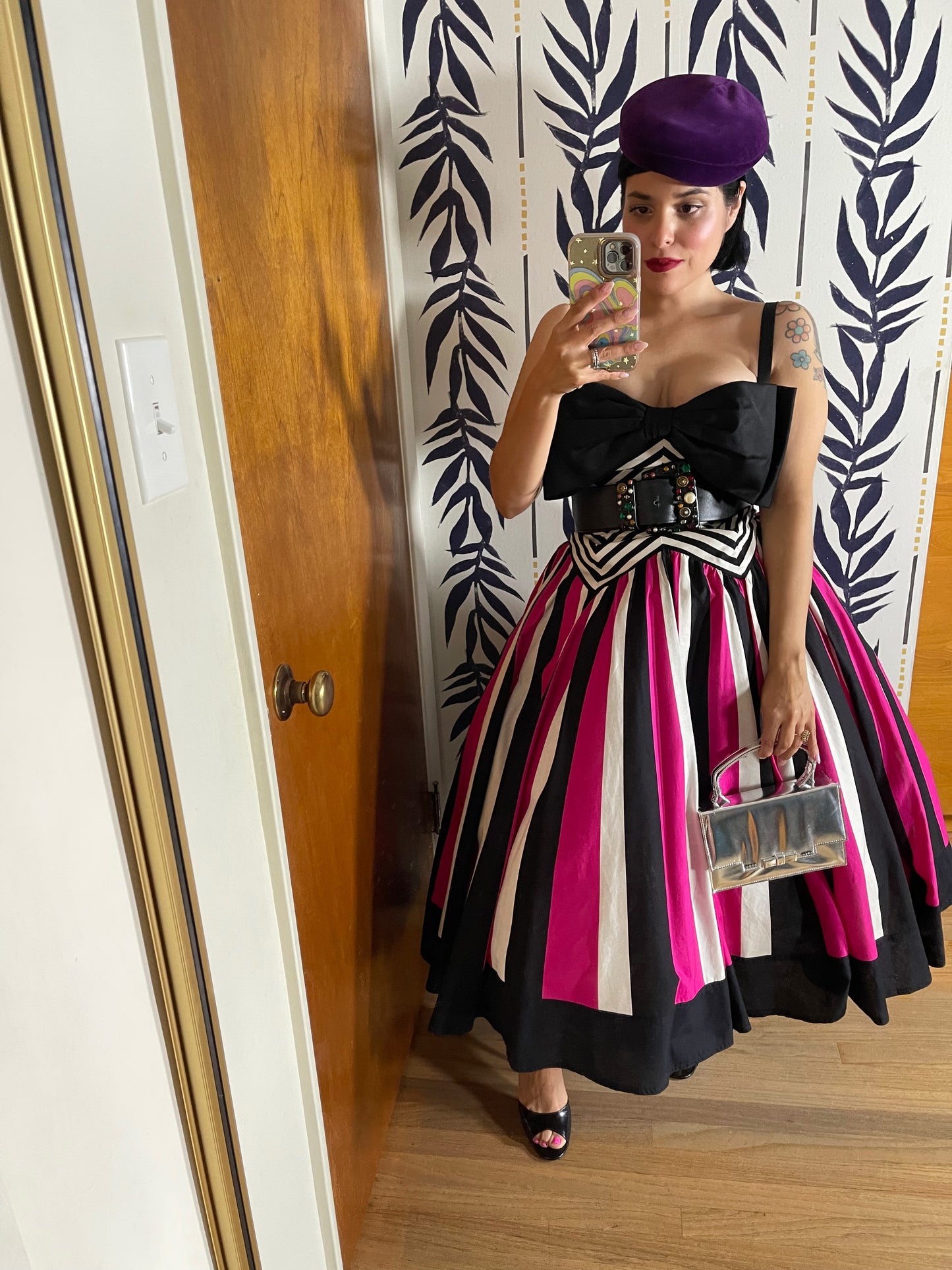 80s Victor Costa Pink, White, Black Striped Chevron Barbie Vibes Dress XS-SM