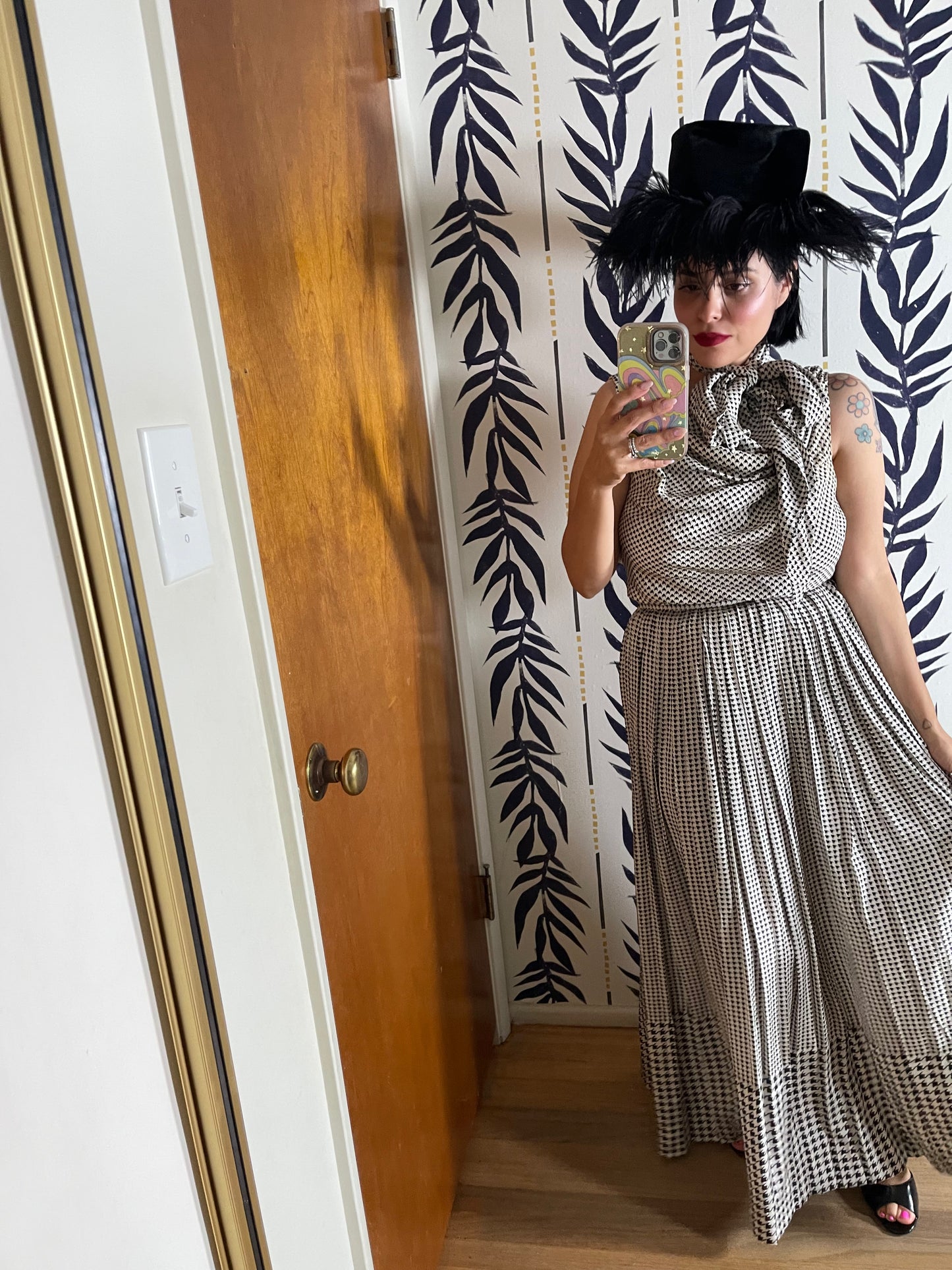 Late 70s "Bill Blass" Black & White Silk Cowl Neckline Houndstooth Three Piece Top Skirt Belt Set XS-SM