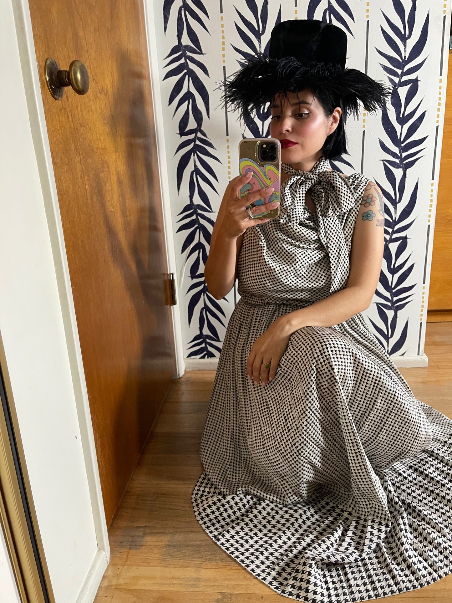 Late 70s "Bill Blass" Black & White Silk Cowl Neckline Houndstooth Three Piece Top Skirt Belt Set XS-SM