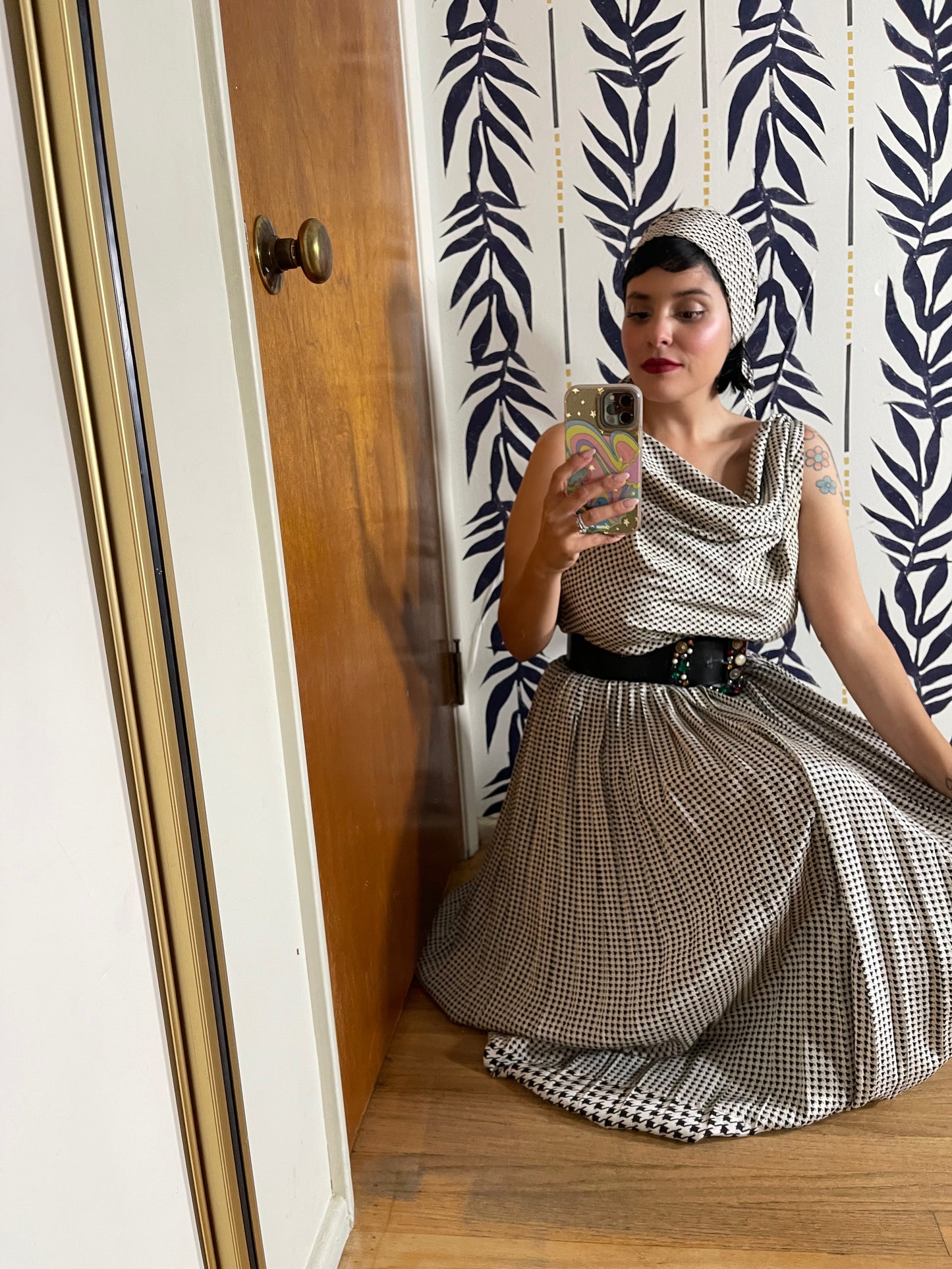 Late 70s "Bill Blass" Black & White Silk Cowl Neckline Houndstooth Three Piece Top Skirt Belt Set XS-SM