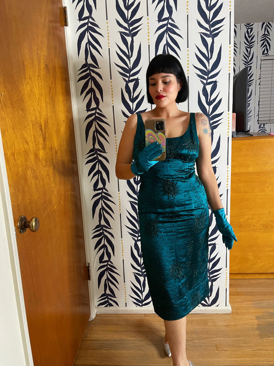 Vintage 50s 60s Emerald Hunter Green Wiggle Style Cocktail Dress w/ Beading Best Fits Sizes S-M