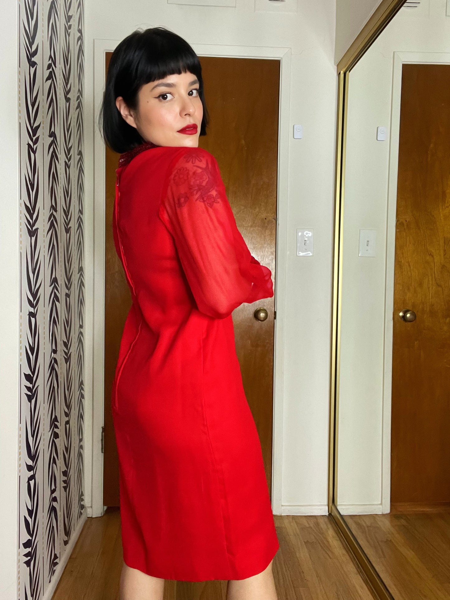 Vintage 60s Mad Men Style Red Chiffon Beaded Cocktail Dress Best Fits Sizes S-M