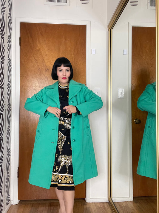 Vintage 60s "Your Sixth Sense" Mod Green Botton Down Soft Wool Coat Best Fits Sizes S-L