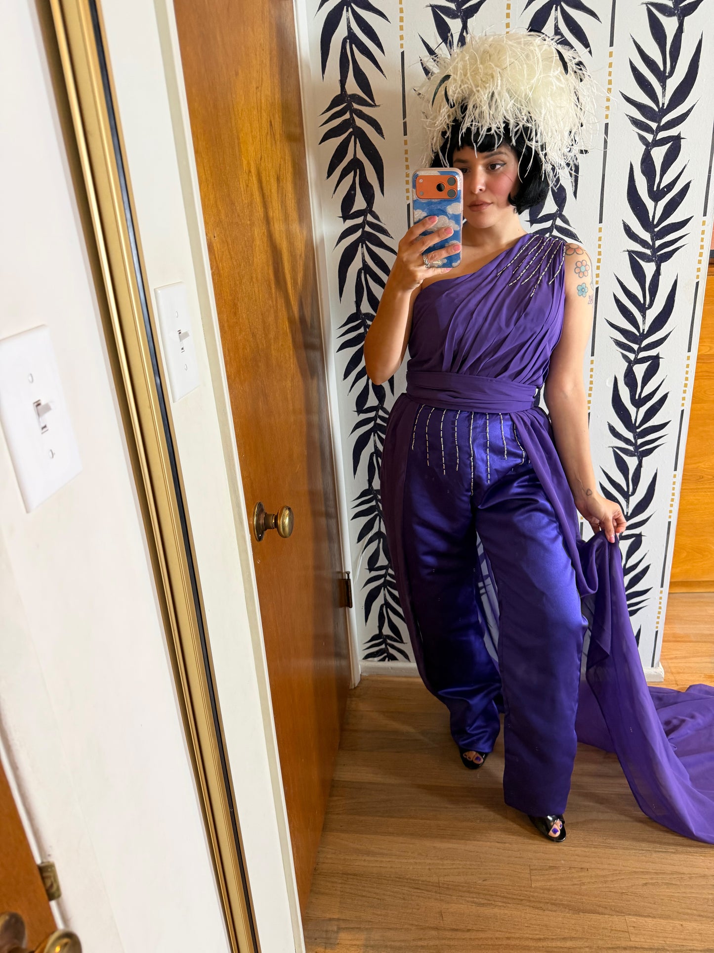 70s/ 80s One Shoulder Custom Purple w/ embellishBeading Jumpsuit with a matching Maxi Skirt Set S-M