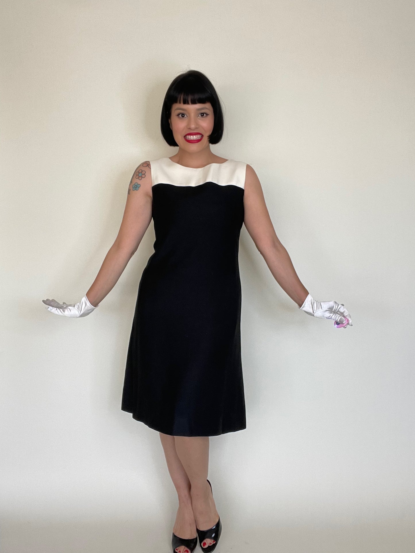Vintage 60s Ivory White Black Linen Cotton Mod Dress Best Fits Sizes XS-SM