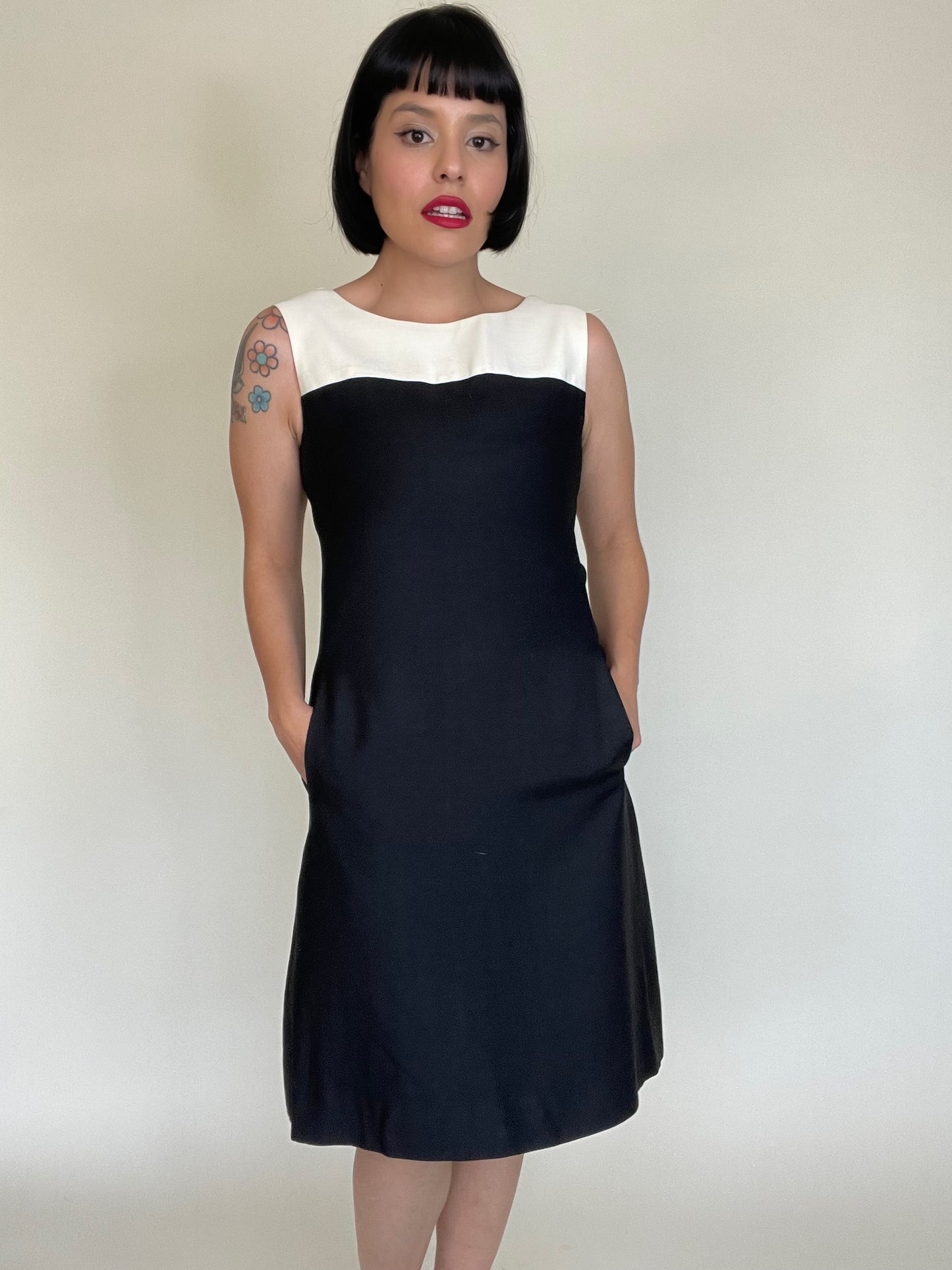 Vintage 60s Ivory White Black Linen Cotton Mod Dress Best Fits Sizes XS-SM
