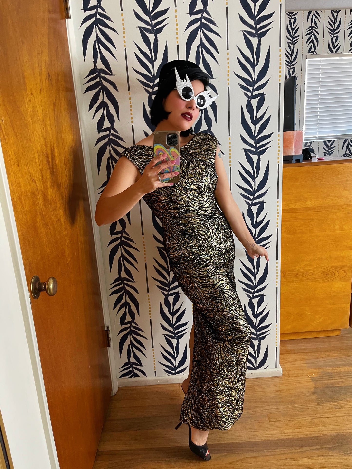 Vintage 80s Meets the 50s/60s Sparkly New Years Eve Abstract Print Maxi Dress Best Fits Sizes S