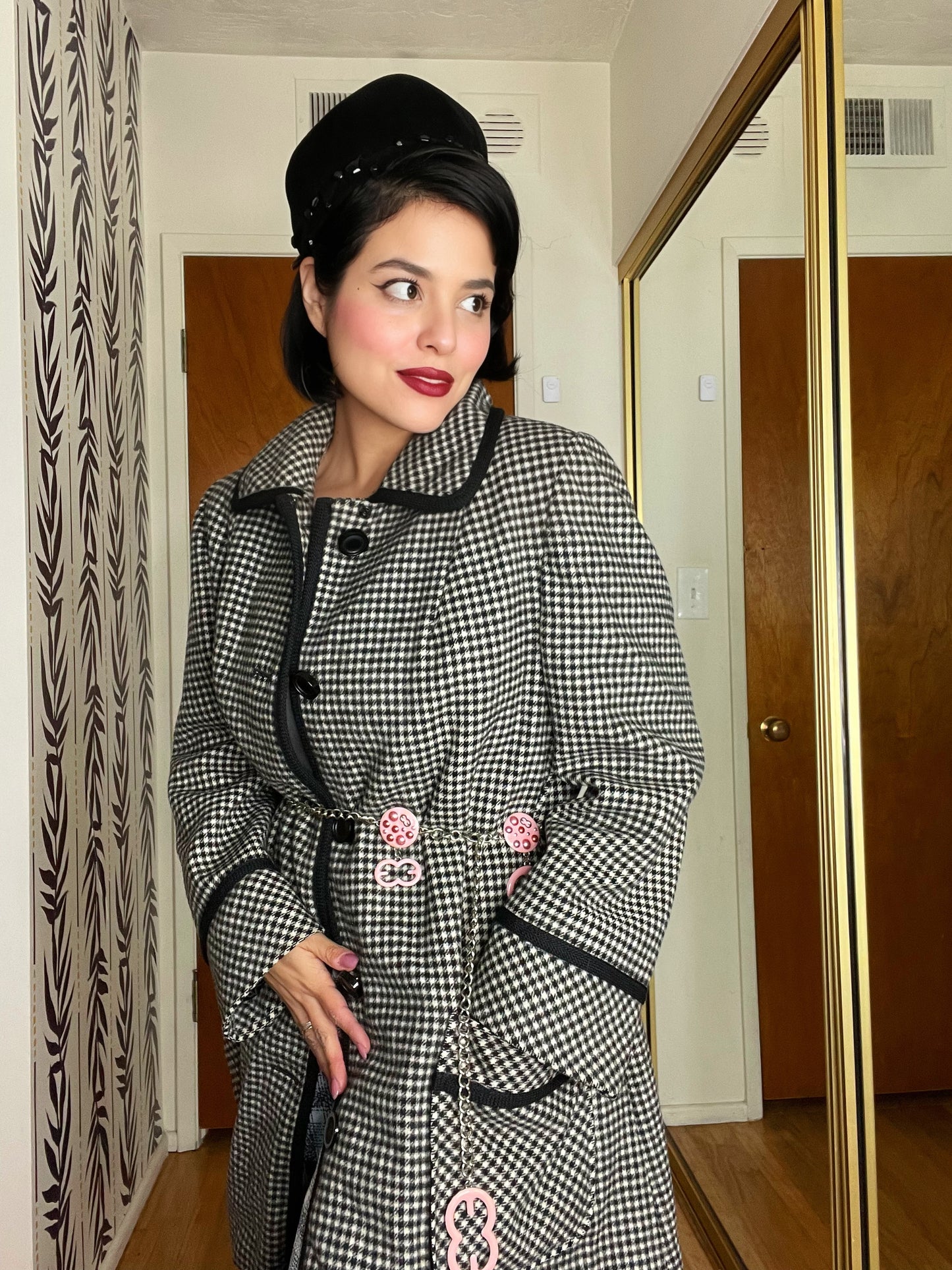 Vintage 50s 60s “Sears Fashions” Black and White Gingham Swing Style Coat with Rounded Collar Fits Most Sizes