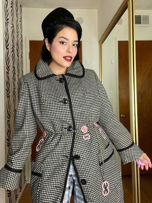 Vintage 50s 60s “Sears Fashions” Black and White Gingham Swing Style Coat with Rounded Collar Fits Most Sizes