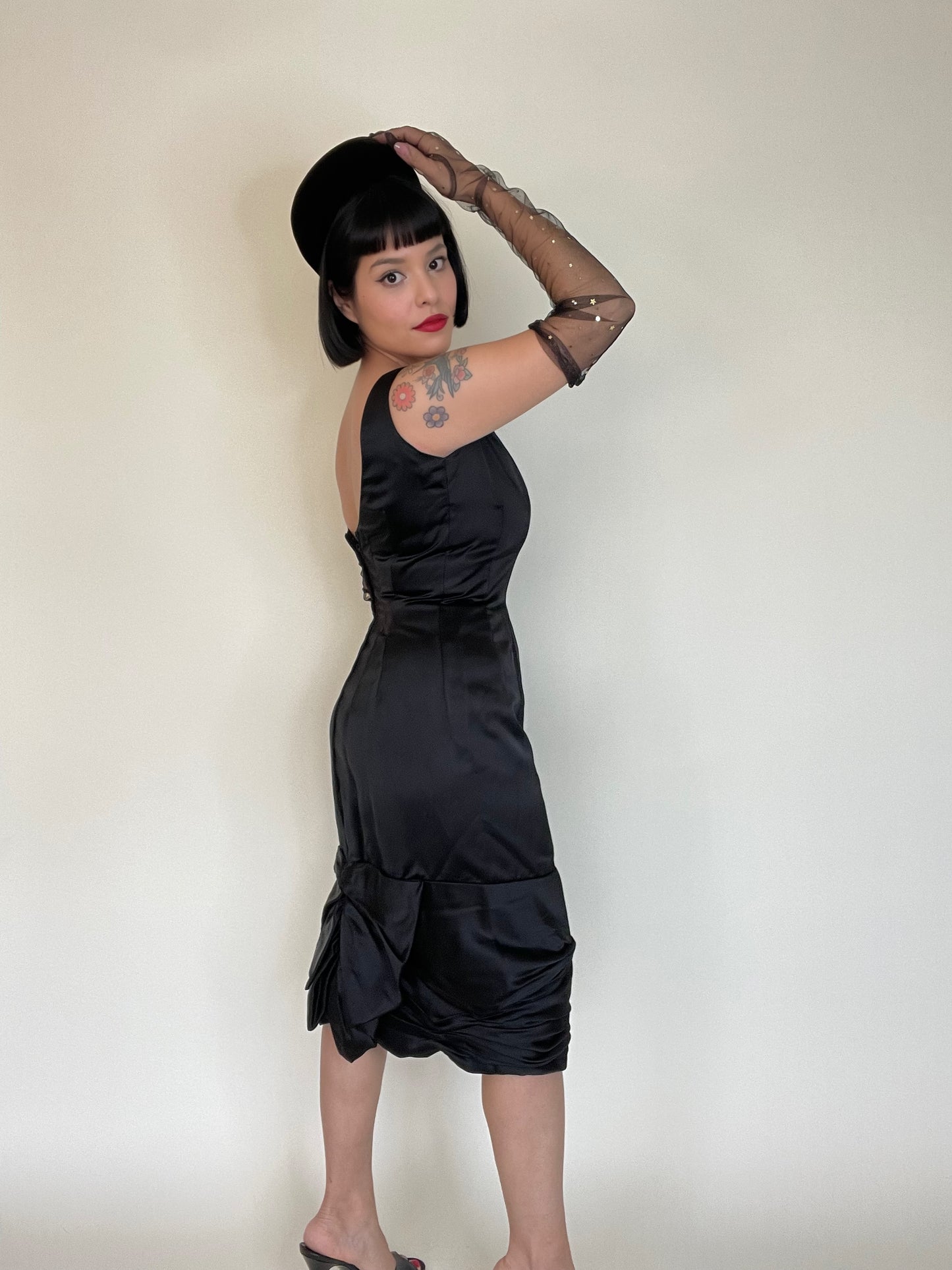 Vintage 50s 60s Black Silk Satin Audrey Hepburn Ruched Hemline Back Bow Wiggle Dress Best Fits Sizes XS-SM