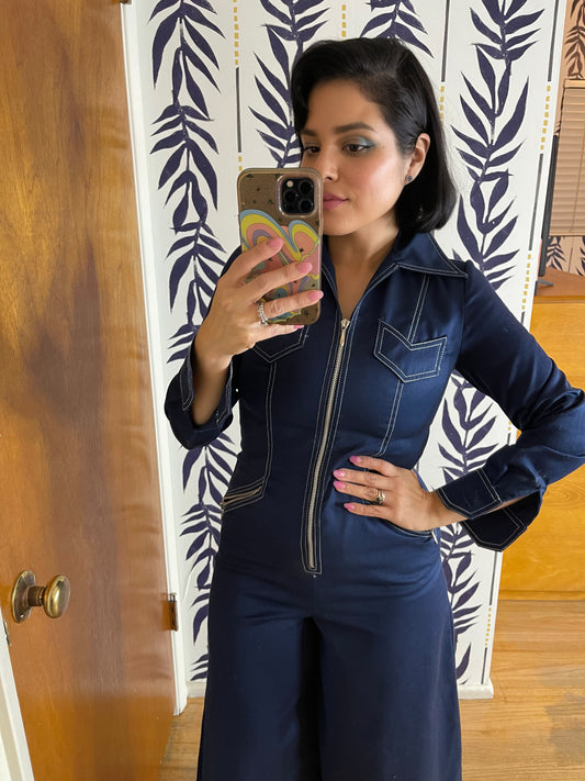 Vintage 70s "Whip-O-Will" Navy Blue Jumpsuit Best Fits Sizes XS-S