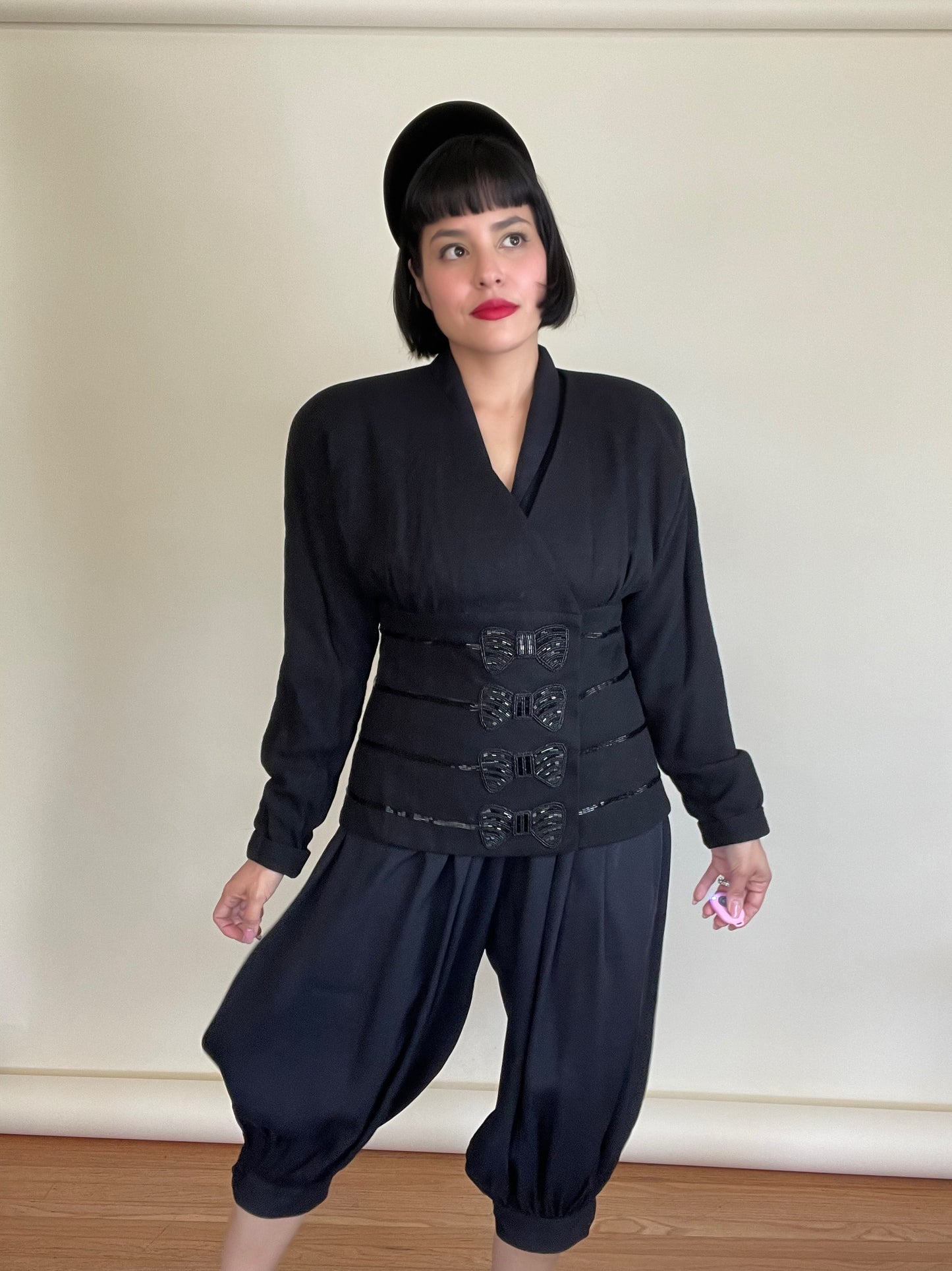 Vintage 80s "C'est Simone" Black Blazer Top with Beaded Bow Appliques Best Fits Sizes S-L