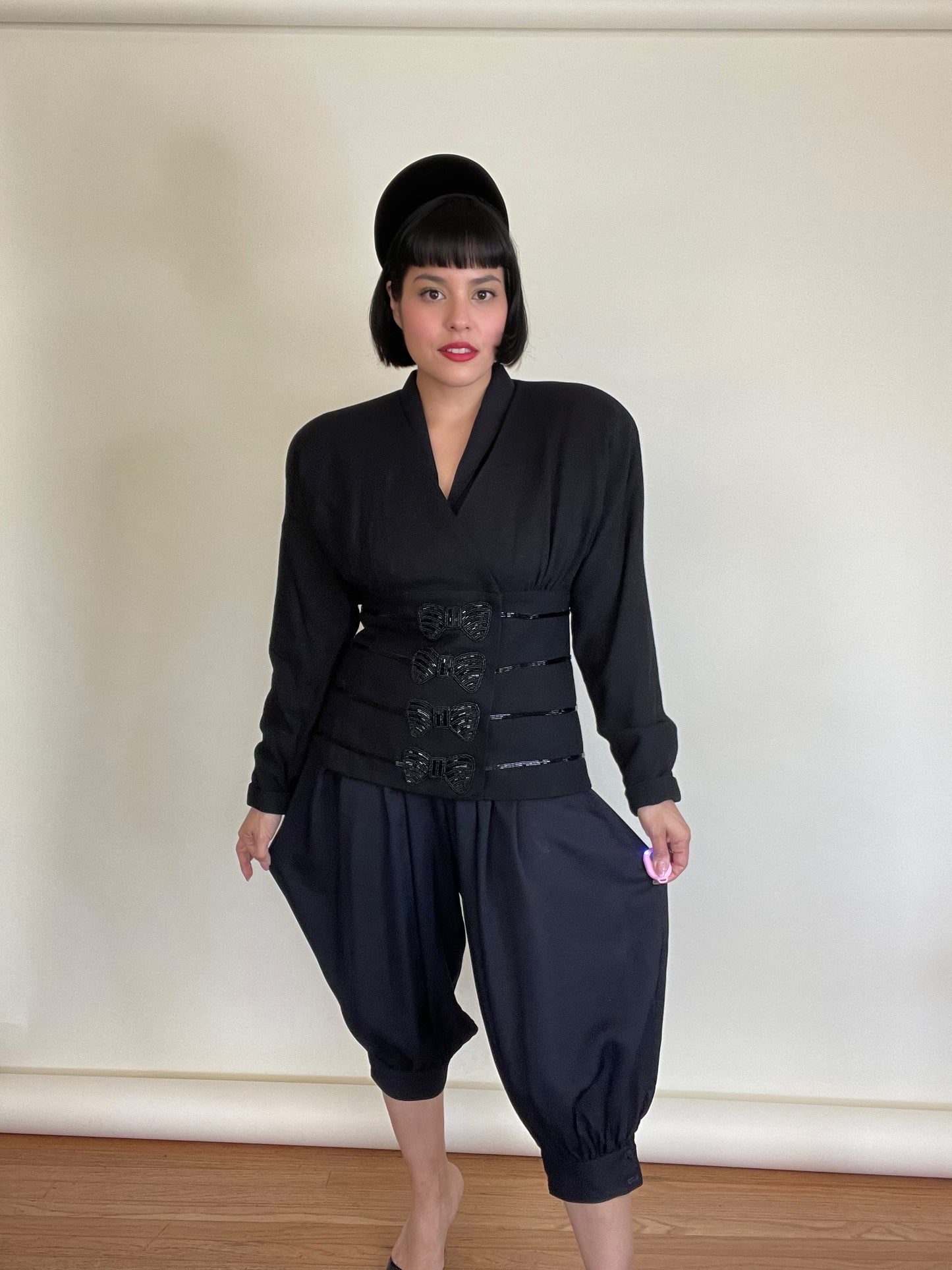 Vintage 80s "C'est Simone" Black Blazer Top with Beaded Bow Appliques Best Fits Sizes S-L