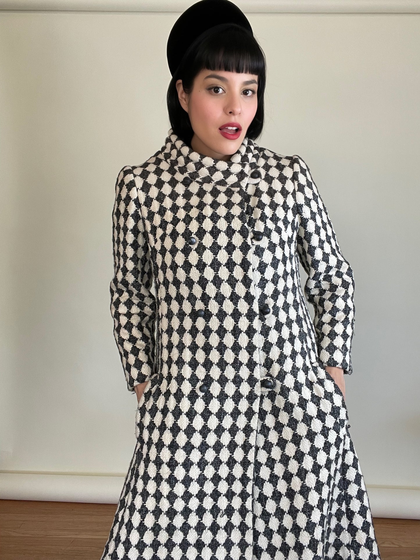 Vintage 60s Mod Checkered Print Wool Coat Best Fits Sizes XS-M