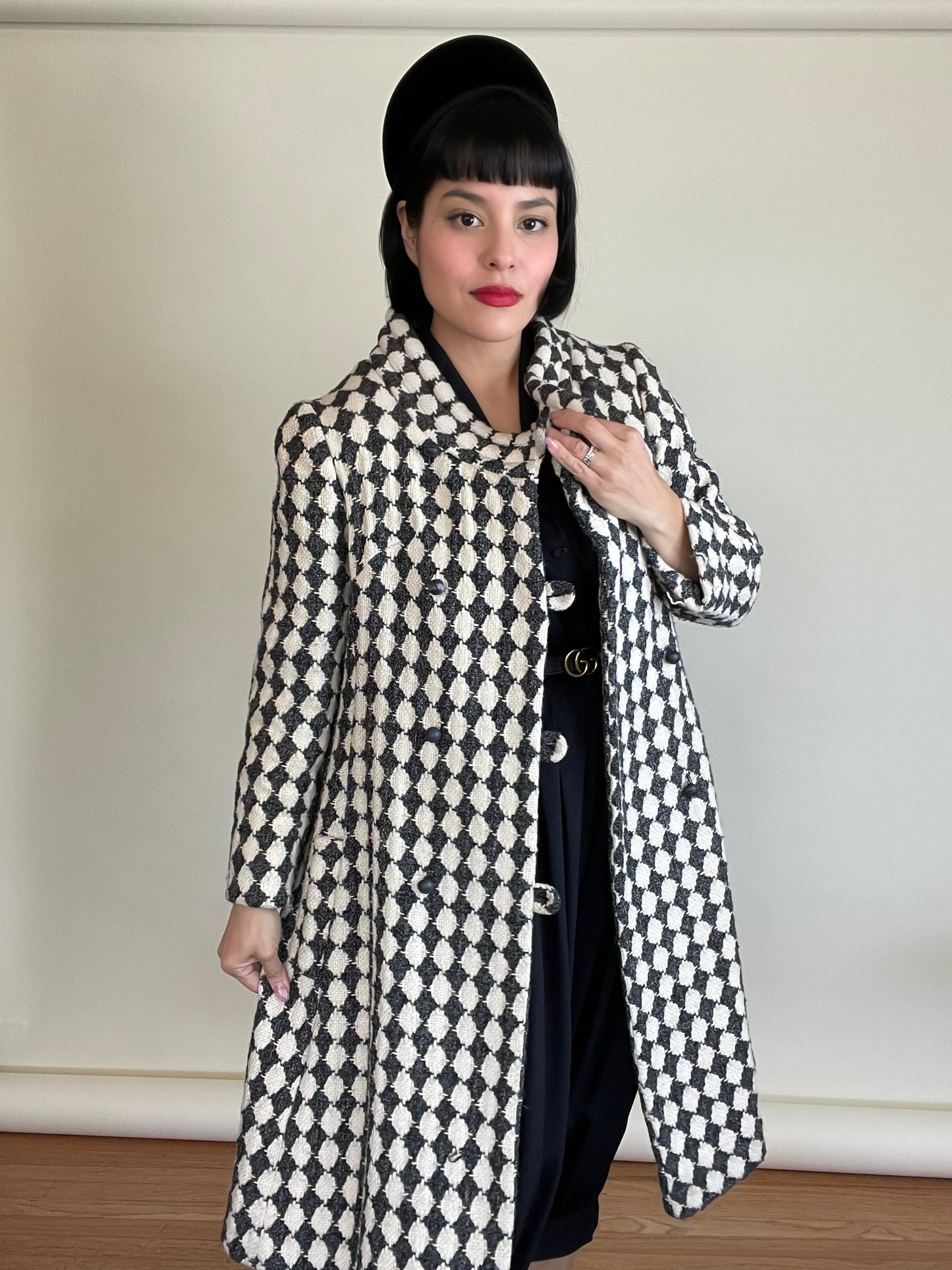 Vintage 60s Mod Checkered Print Wool Coat Best Fits Sizes XS-M