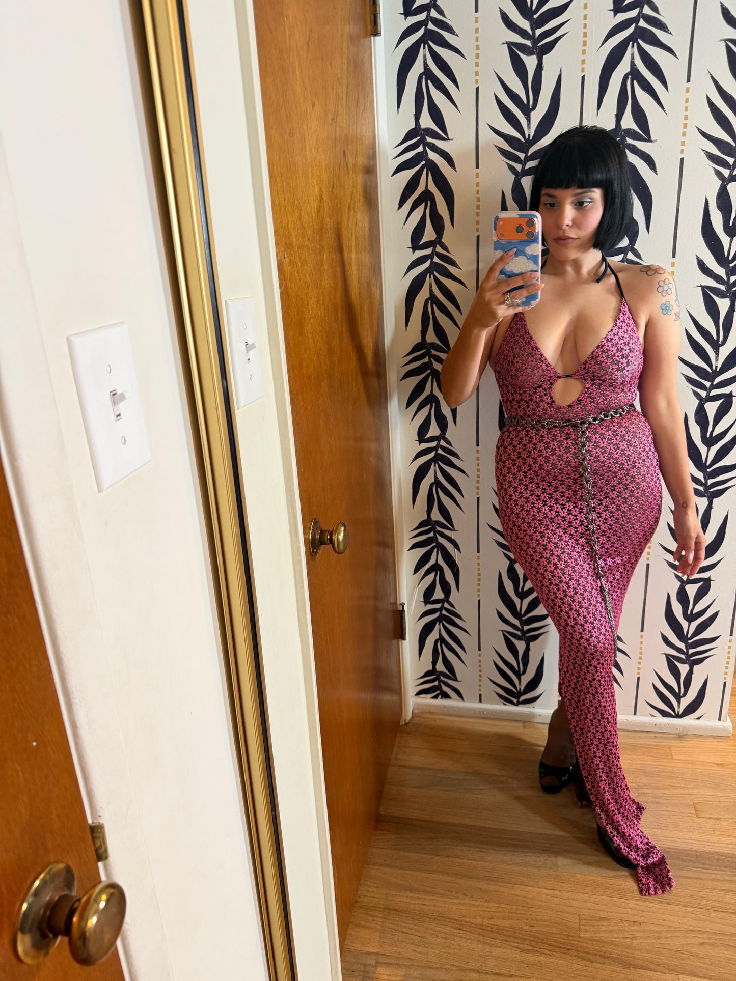 Vintage 90s/ Y2K Slinky Black Lace Flower Print Stretchy Dress XS-M