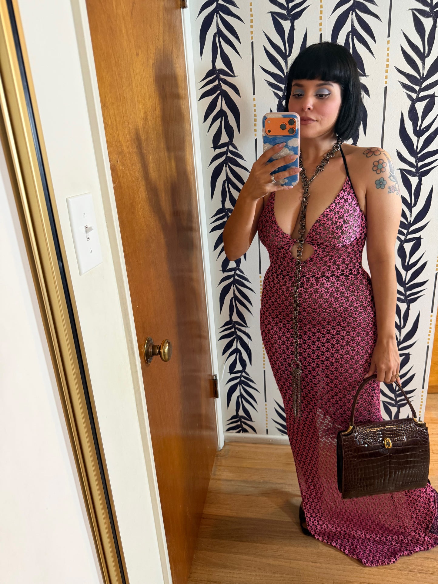 Vintage 90s/ Y2K Slinky Black Lace Flower Print Stretchy Dress XS-M