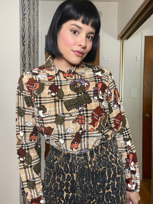 Vintage 80s 90s "Castelbajac Sport" Novelty Sherlock Holmes Print Shirt - Best Fits Size XS-M