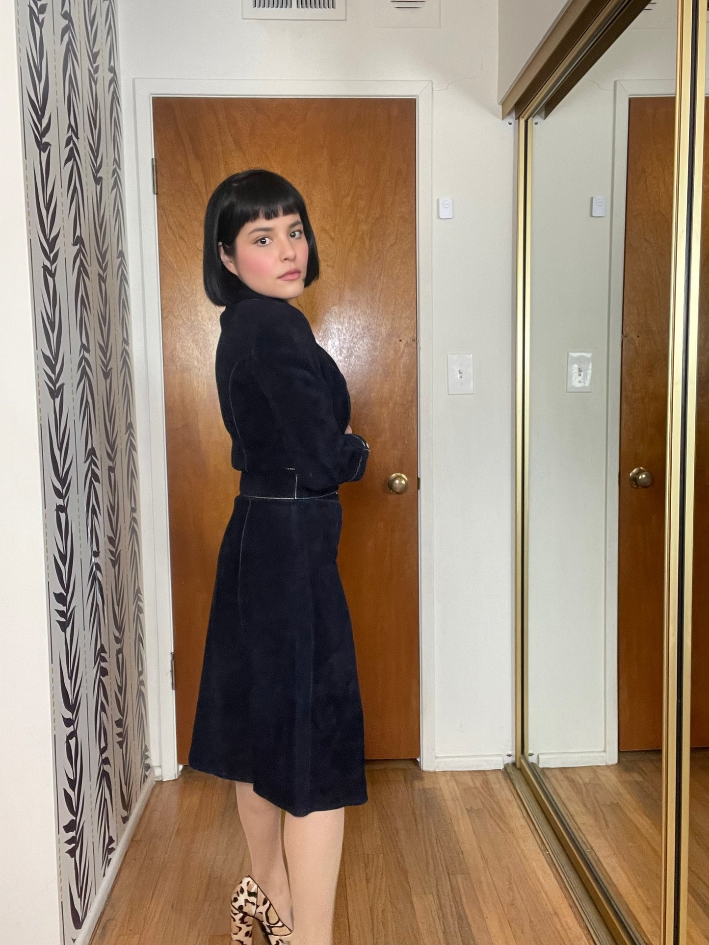 Vintage 70s Navy Blue Suede Skirt Set - Best Fits Size XS