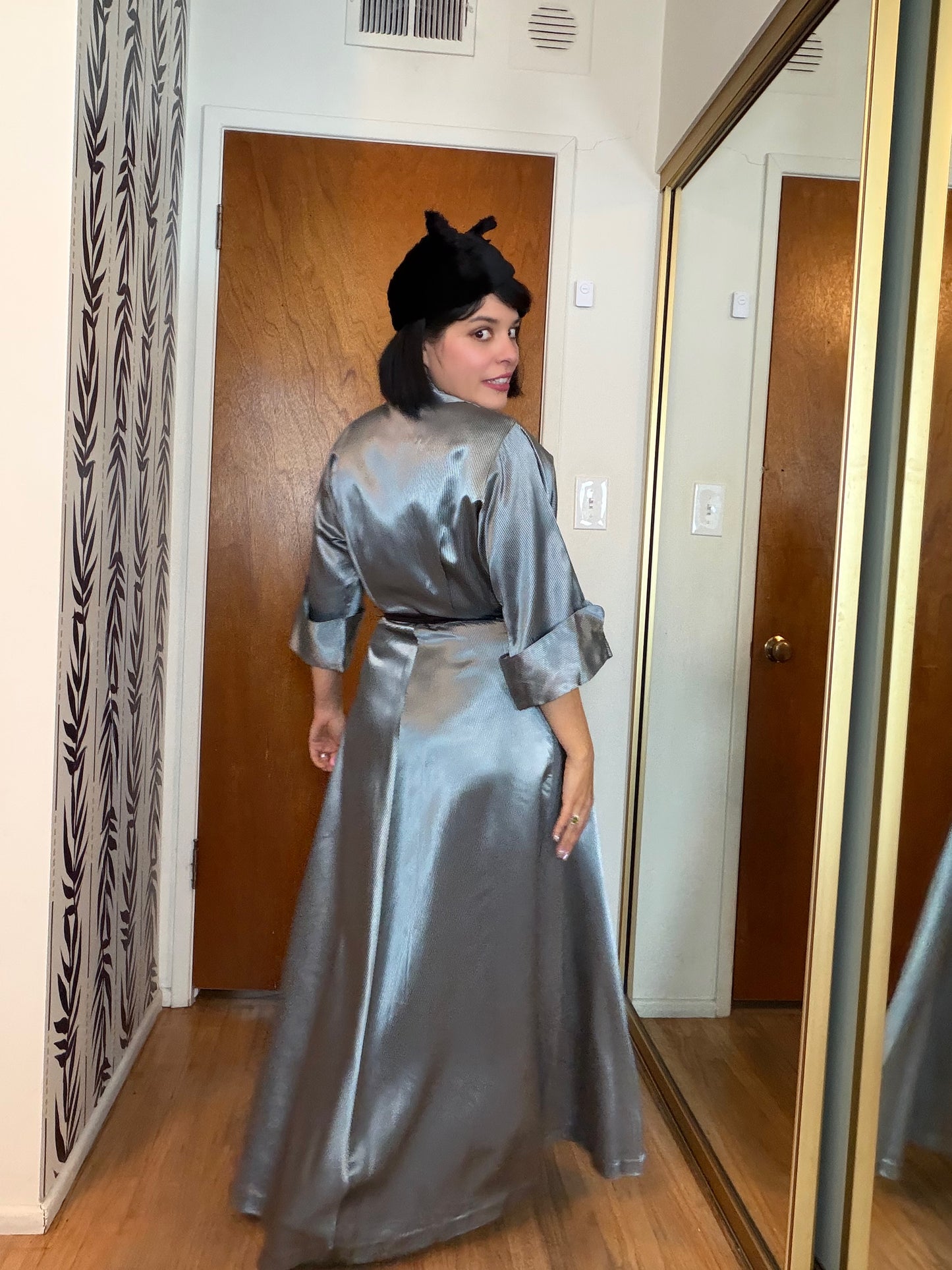 40s/ 50s Icy Silver Blue with black striped House Robe Dress XS-M