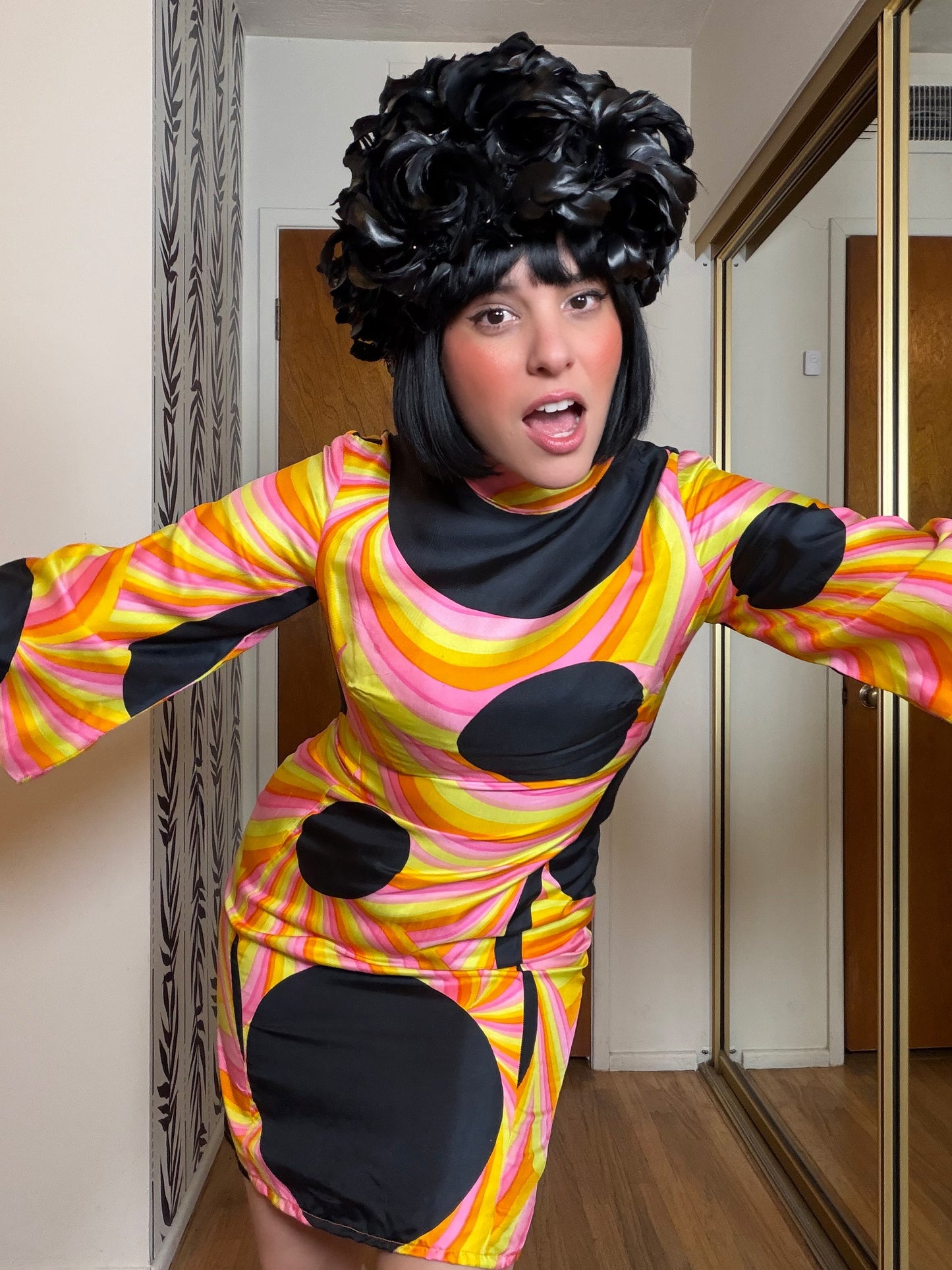 60s Black Silk Polkadot Psychedelic Mini Dress Fits XS-SM