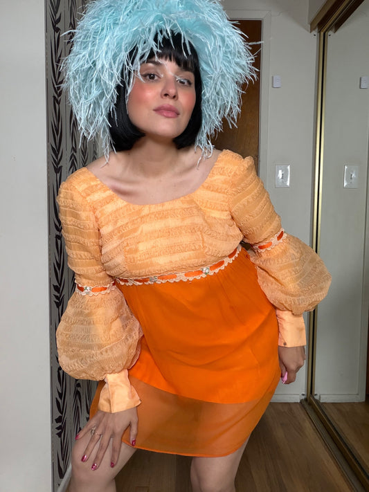 Vintage 60s Peachy Chiffon Juliet Mini Dress XS