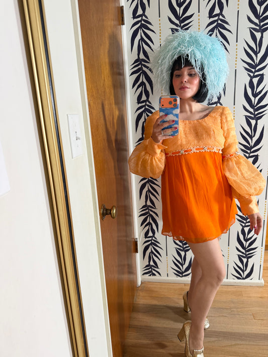 Vintage 60s Peachy Chiffon Juliet Mini Dress XS