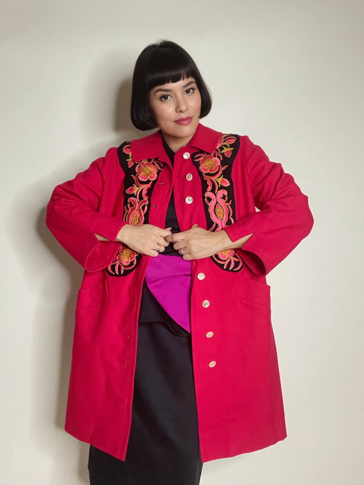 Vintage 50s / 60s Raspberry Red Embroidered Detail Button Down Coat Fits Sizes XS-M