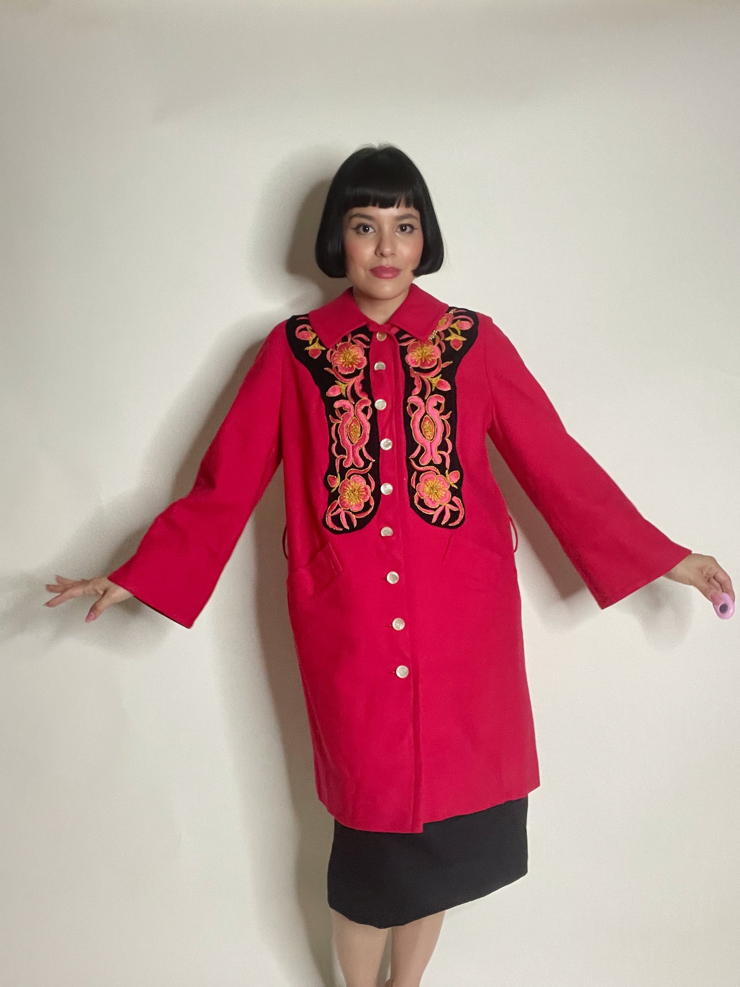 Vintage 50s / 60s Raspberry Red Embroidered Detail Button Down Coat Fits Sizes XS-M
