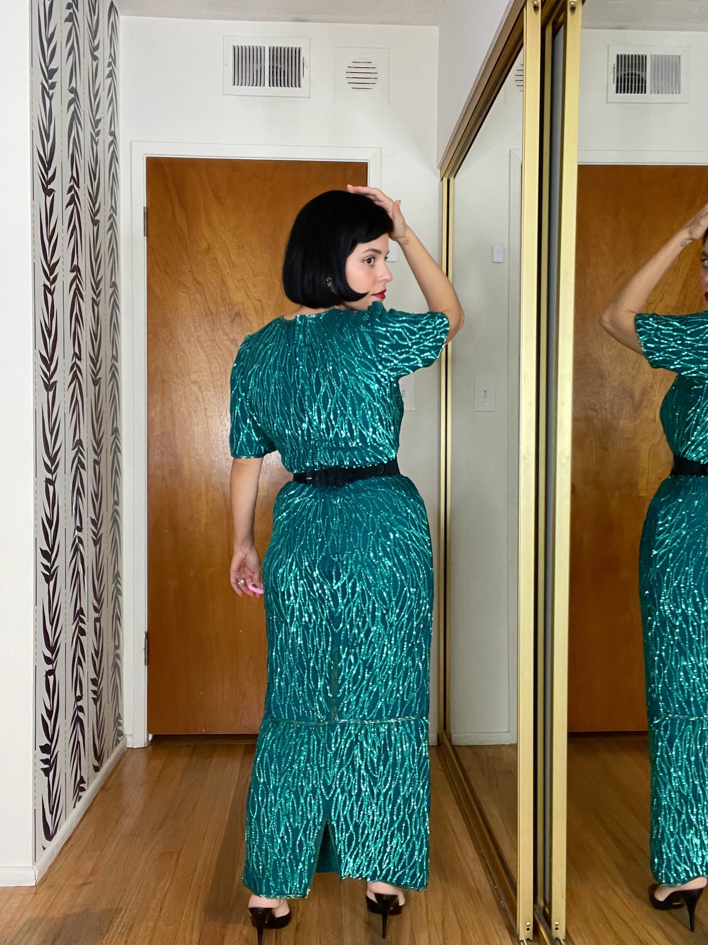 Vintage 60s “Laurence Kagar” Emerald City Green Sequins Dress Best Fits Sizes S-M