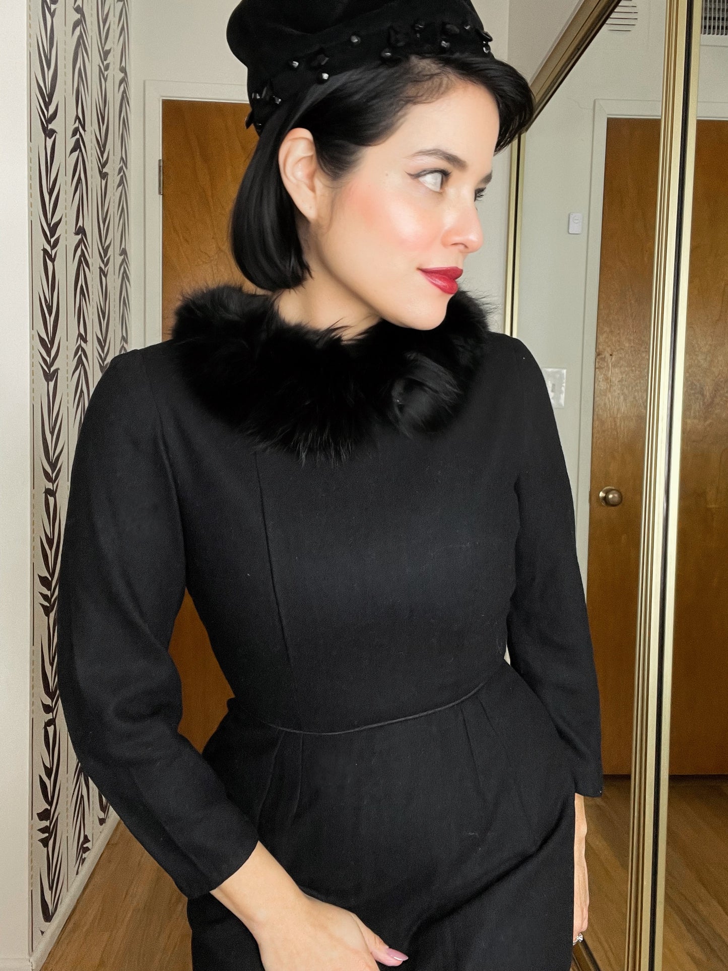 Vintage 50s 60s Black 3/4 Sleeve Dress with Animal Hair Collar Best Fits Sizes XXS-S