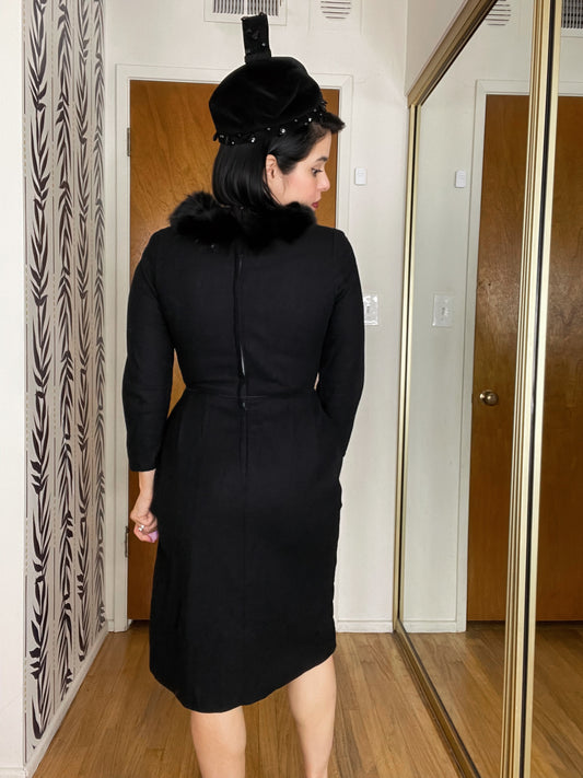 Vintage 50s 60s Black 3/4 Sleeve Dress with Animal Hair Collar Best Fits Sizes XXS-S