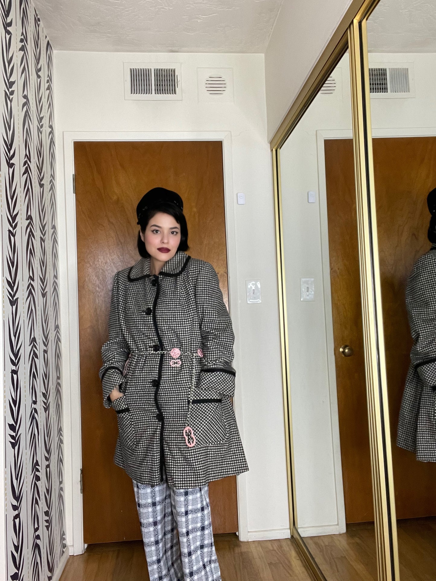 Vintage 50s 60s “Sears Fashions” Black and White Gingham Swing Style Coat with Rounded Collar Fits Most Sizes