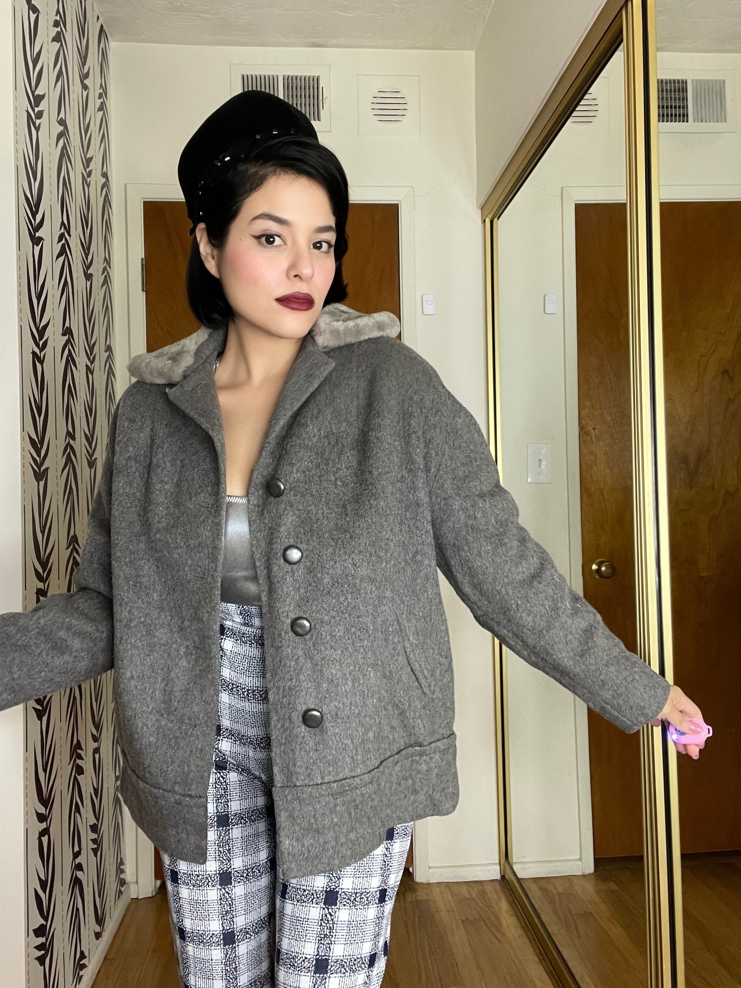 Vintage 50s 60s Charcoal Grey Coat Jacket with Fuzzy Plush Collar Best Fits Sizes S-L