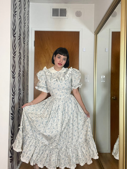 Vintage 70s Blue and Cream Prairie Dress - Best Fits Size M-L