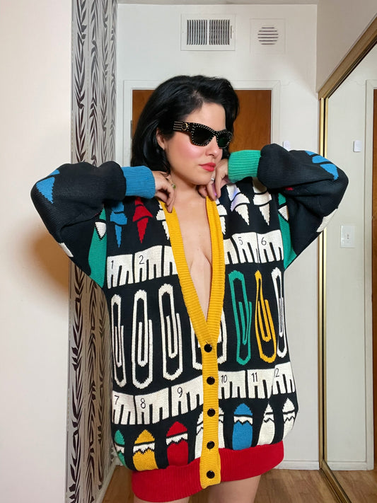 Vintage 80s "IB Diffusion" Sport Novelty School Knit Cardigan - Fits Most Sizes