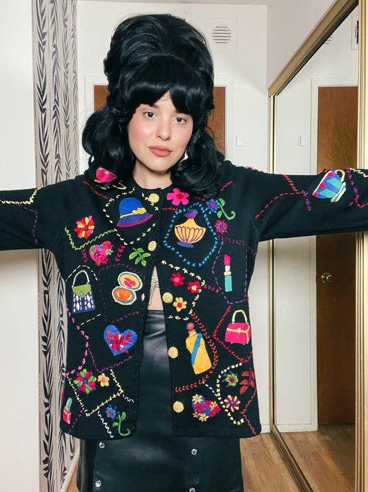 Vintage 1998 "Michael Simon" Lipstick and Purses Novelty Cardigan - Fits Up To Size XL